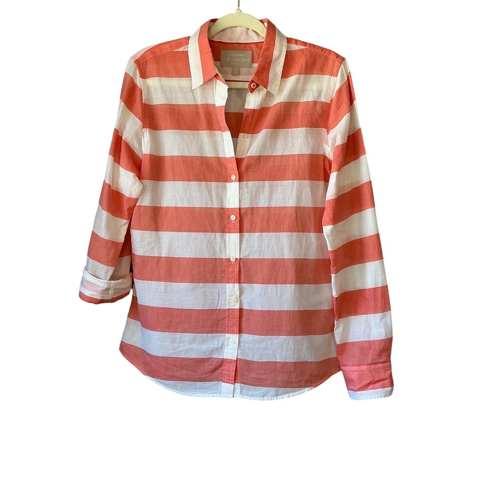 Banana‎ Republic Soft Wash Shirt Coral White Striped Button Down Womens Medium